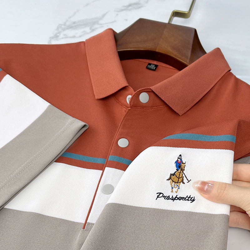 High Quality Young Men's Half-Sleeve Velour T-Shirt Striped Collar Embroidered Anti-Pilling Anti-Wrinkle Compressed Solid - Image 3