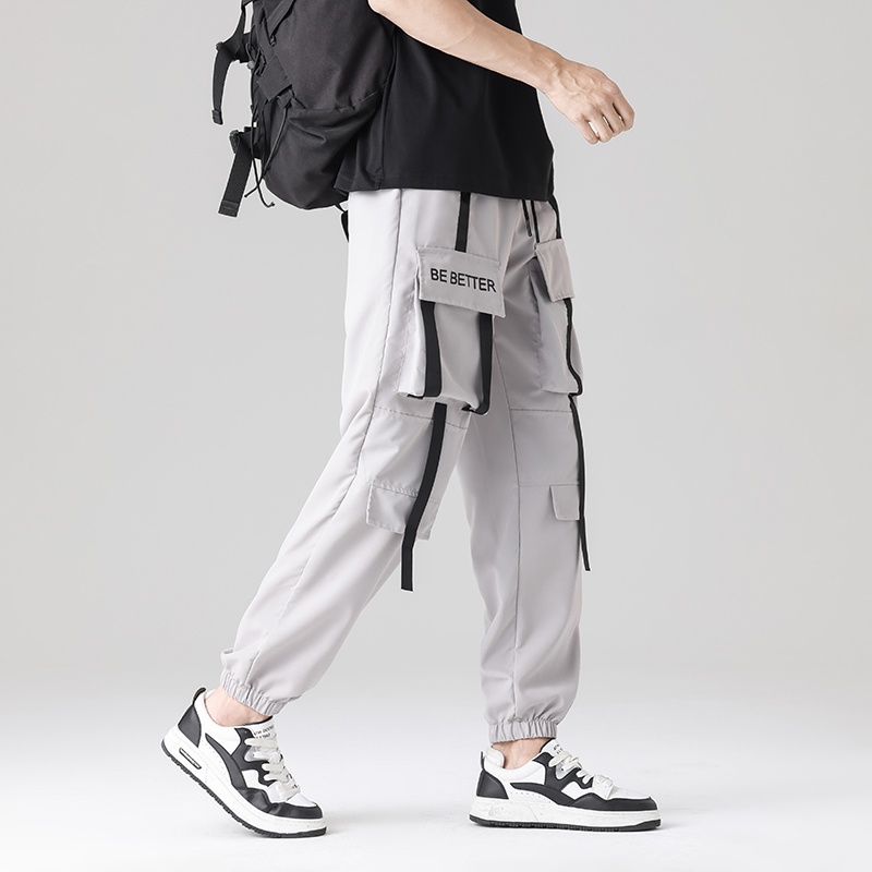 Men's Trendy Summer Casual Cargo Pants European Size Loose Fit Straight Flat Jogger New Plain Dyed Lightweight Worsed - Image 4