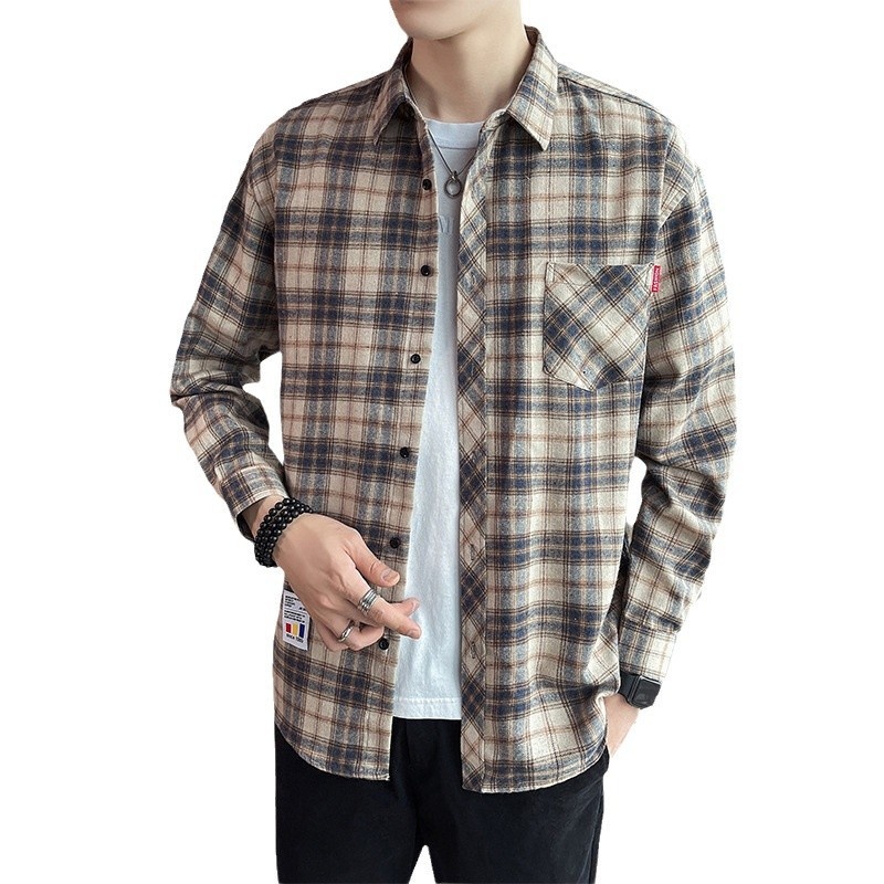 Men's and Youth's Brand Hong Kong Style Plaid Shirt Fashionable Casual Long Sleeve for Spring Autumn Silk Fabric Size Inch - Image 5