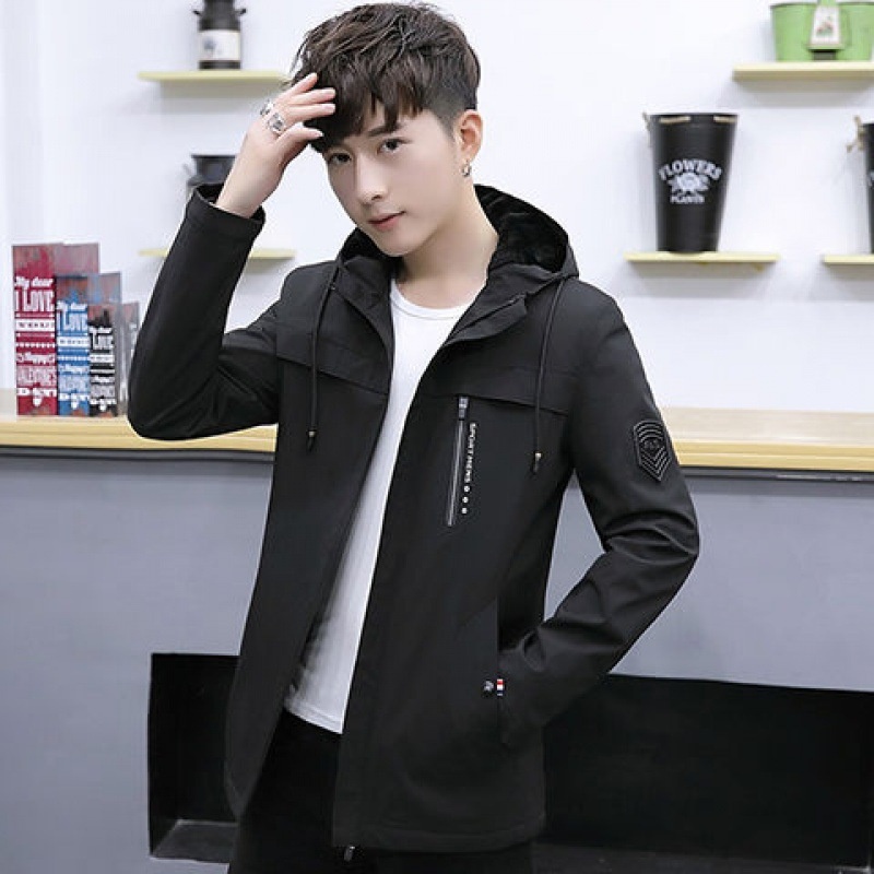 Blue Hooded Lapel Jacket for Youth Winter Motorcycle Zipper Closure with Side Seam Pocket Thickened Spring Fall Use Men's Jacket - Image 6