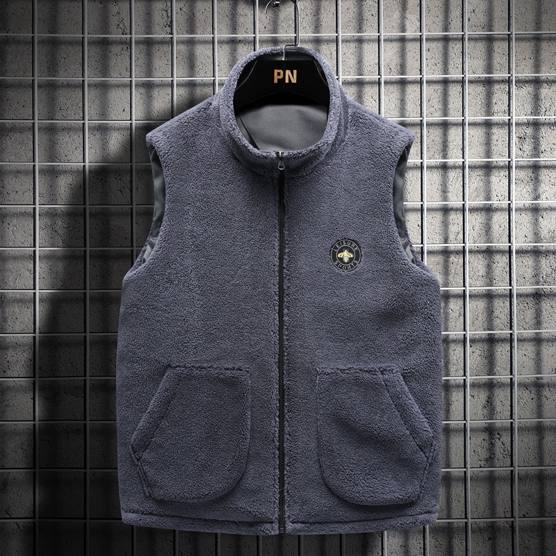 Autumn Winter Men's Casual Fashionable Vest Plus Size Two-Sided Wearing Lambskin Hooded Thermal Jacket Zipper Mandarin Logo - Image 2