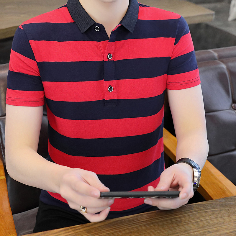 Men's Summer New Cotton Half-Sleeved for Polo T-Shirt Geometric Pattern Wide Stripe Lapel Short-Sleeved for Middle-Aged Youth - Image 3