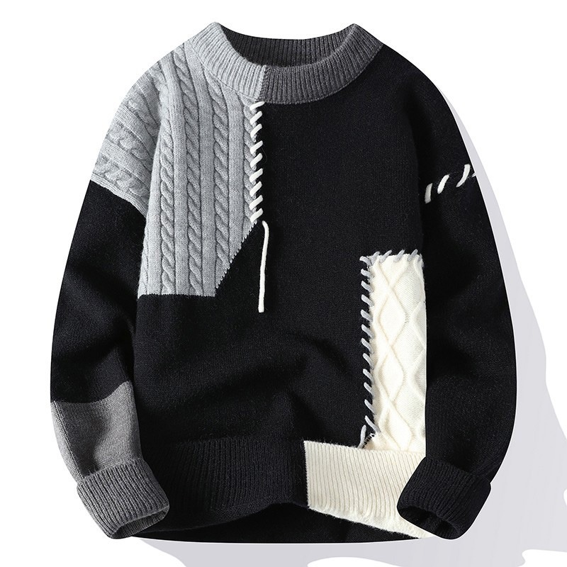 ODM Supply Men's Casual Crew Neck Pullovers Korean Streetwear Fashion Design with Warm Patchwork for Autumn & Winter - Image 6