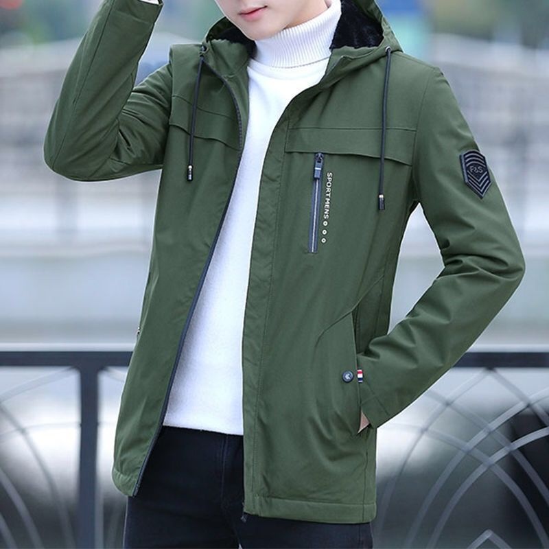 Blue Hooded Lapel Jacket for Youth Winter Motorcycle Zipper Closure with Side Seam Pocket Thickened Spring Fall Use Men's Jacket - Image 3