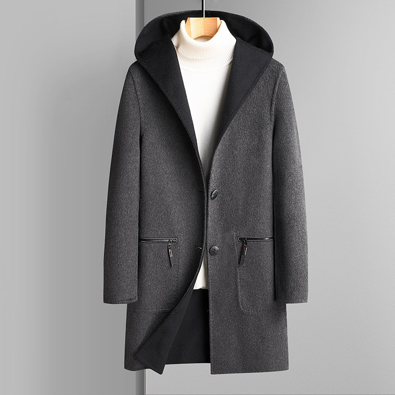2023 Men's Casual Mid-Length Wool Coat Handmade Double-Sided with Large Pocket and Hood Filled with Cotton - Image 6