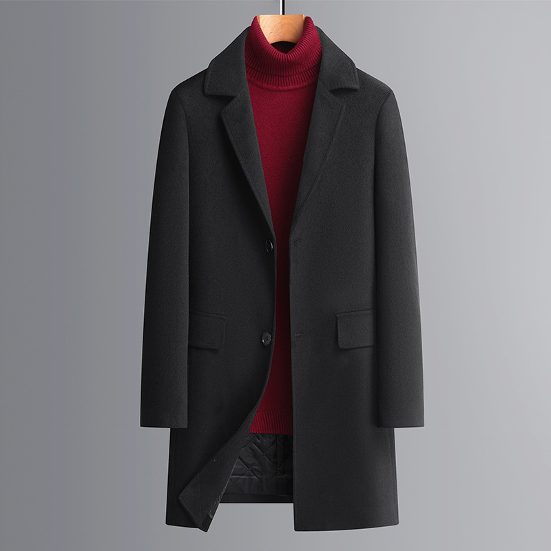 Men's Slim-Fit Long Wool Coat for Autumn Winter Mid-Length Trench Outerwear Button Thickened Cotton Cashmere Plus Sizes Option - Image 4