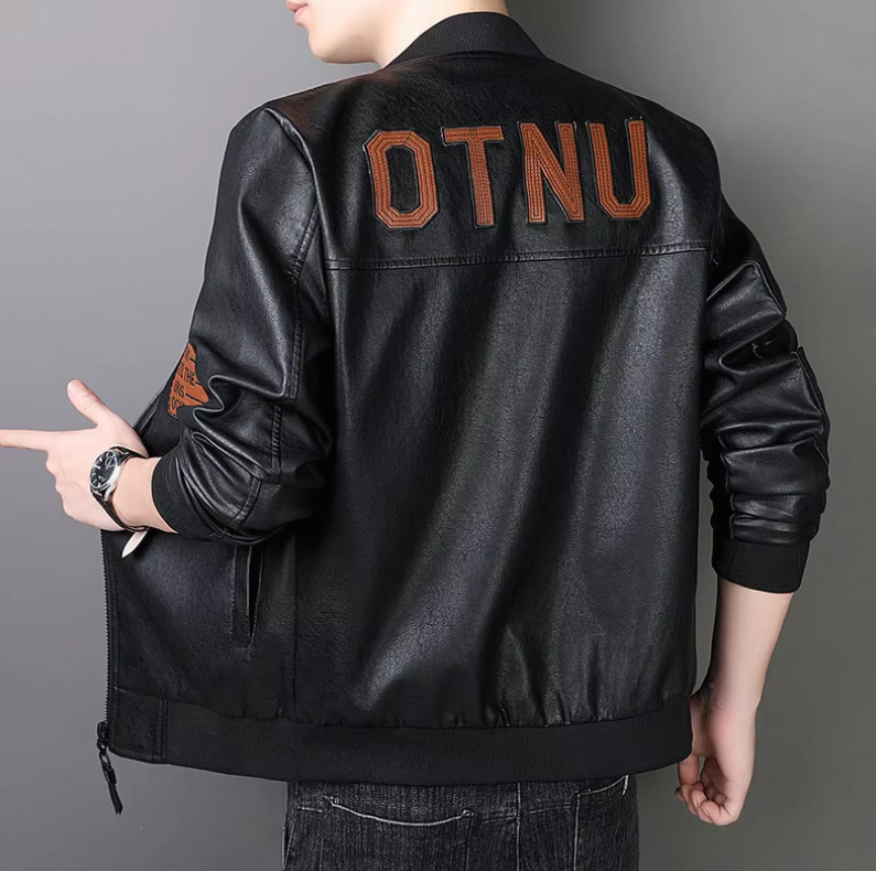 Layenne Plus Size Men's PU Leather Jacket with Stand Collar Windproof Feature OEM Varsity Style Fleece Lining - Image 4