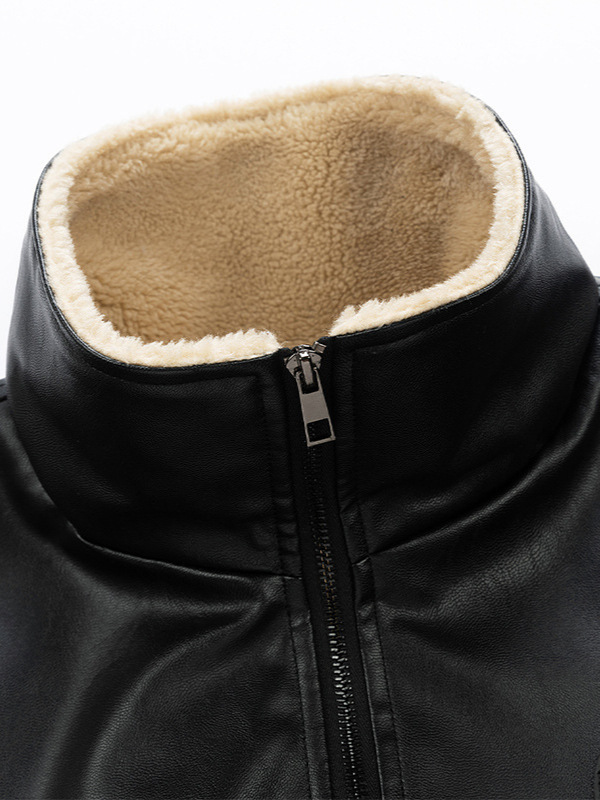 Men's Winter Wool Varsity Jacket Leather Sleeves Stand Collar Zipper Closure High Street Puffer Style Canvas Fabric Dyed Garment - Image 6