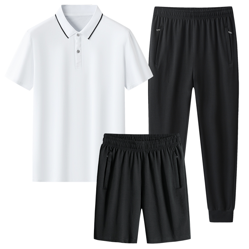 Unisex Men's Summer Three-Piece Sports Set Breathable Cotton Polo Shirt Short-Sleeved Lapel Jacket T-Shirt-Plus Size Middle-Aged - Image 4