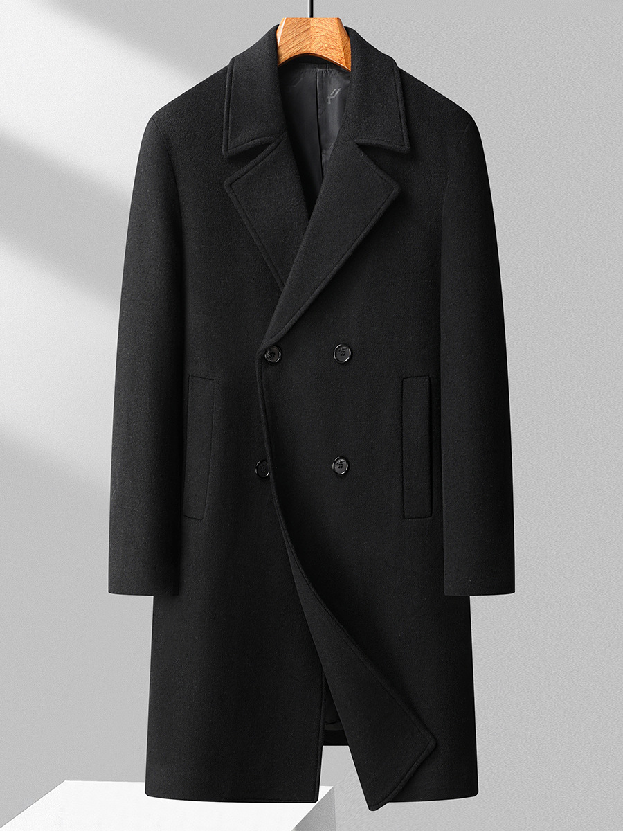 Autumn Winter Men's Double-Breasted Overcoat Korean Slim-Fit Woolen Windbreaker Long Knee-Length Plus Size Cotton-Filled Coat - Image 6