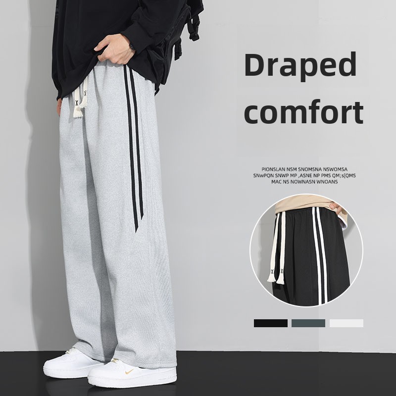 Men's Casual Sports Pants Autumn Loose Straight-Leg Wide-Leg Plus Size Mid Waist Embroidery Knitting Flat Front American Style - Image 4
