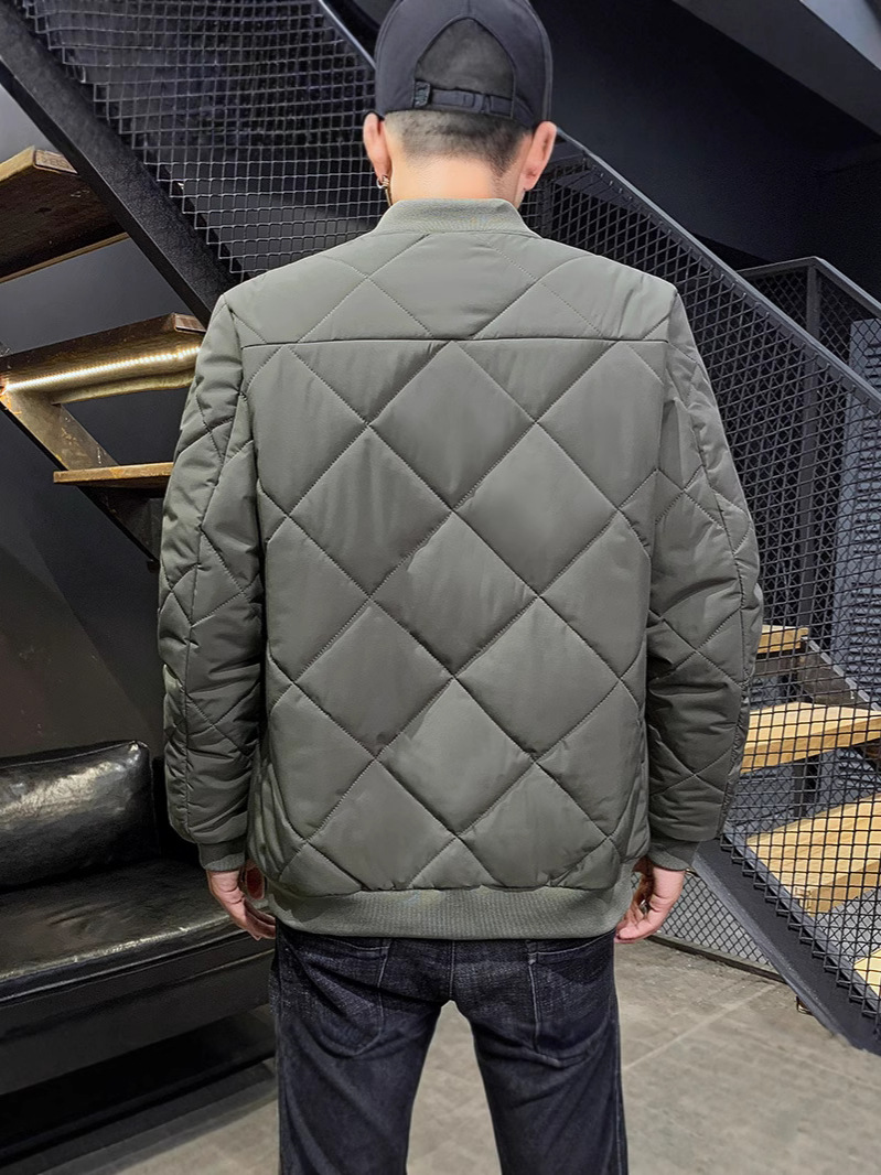 2024 Autumn Winter Men's Thick Cotton-Padded Jacket New Baseball Design Diamond Plaid Stand Long Zipper Comfort Fleece-Lined - Image 5