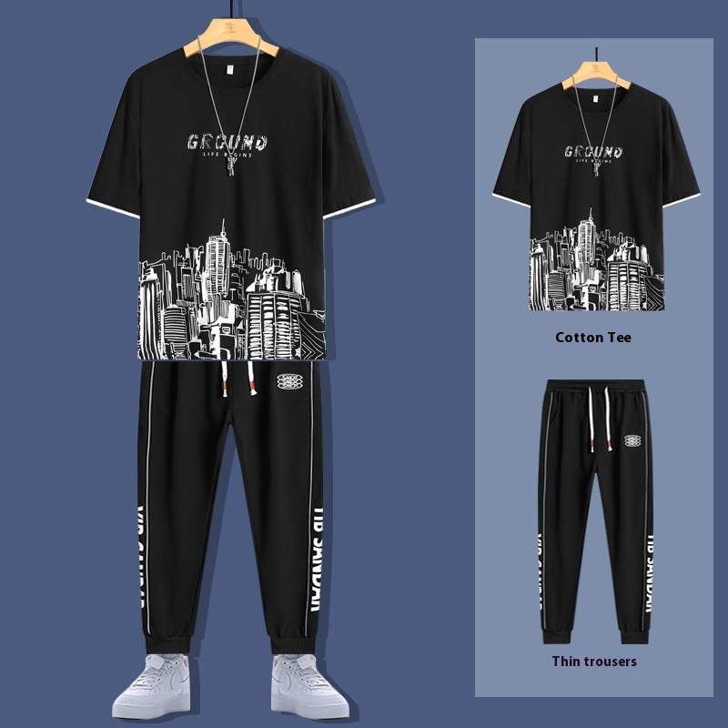 2025 Summer New Fashion Men's T-shirt Sets Young Cotton Casual O-Neck Short Sleeves 220 Grams Knitted Fabric Printed Loose Fit - Image 3