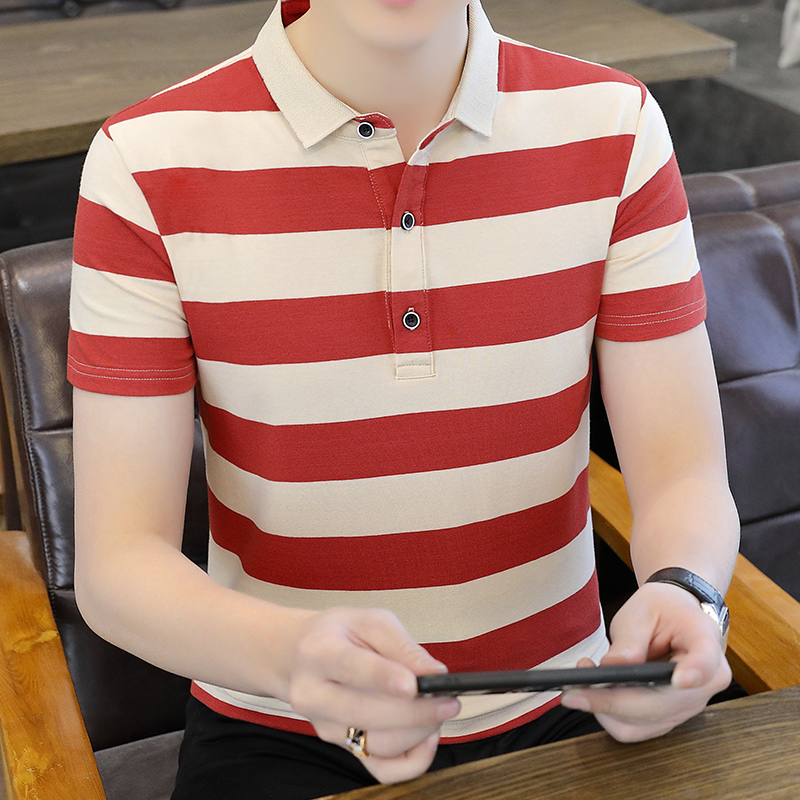 Men's Summer New Cotton Half-Sleeved for Polo T-Shirt Geometric Pattern Wide Stripe Lapel Short-Sleeved for Middle-Aged Youth - Image 4