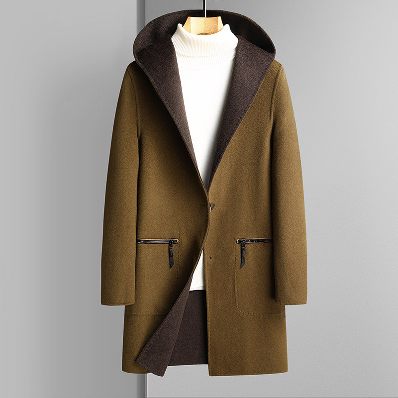 2023 Men's Casual Mid-Length Wool Coat Handmade Double-Sided with Large Pocket and Hood Filled with Cotton - Image 3