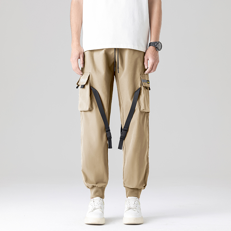 Men's Mid Waist Casual Cargo Pants Summer Trendy Versatile Thin Multi-Pockets with Straight Flat Button Worsted Plain Dyed - Image 2