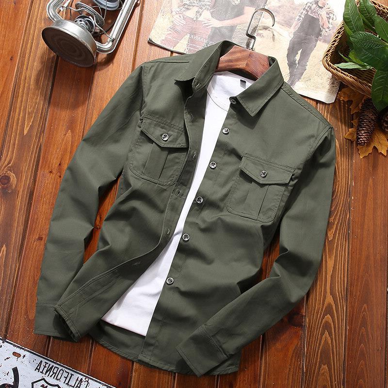 Men's Army Green Crocheted Denim Long Sleeve Slim-Fit Shirt Pure Cotton Fashionable Casual for Summer Spring and Autumn - Image 6