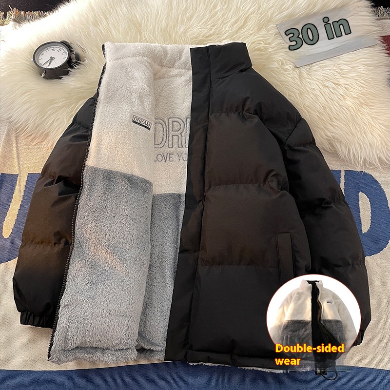 Men's Vintage Winter Coat Reversible Cotton Zipper Waterproof American Lamb Wool Embroidered Thickened Heating Outwear Cozy - Image 4