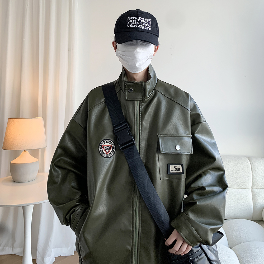 Japanese Joker Tide Men's Casual Leather Jacket High Street Vintage Style Stand Fur Zipper Plus Size 2871 P85 Control 118 Autumn - Image 3