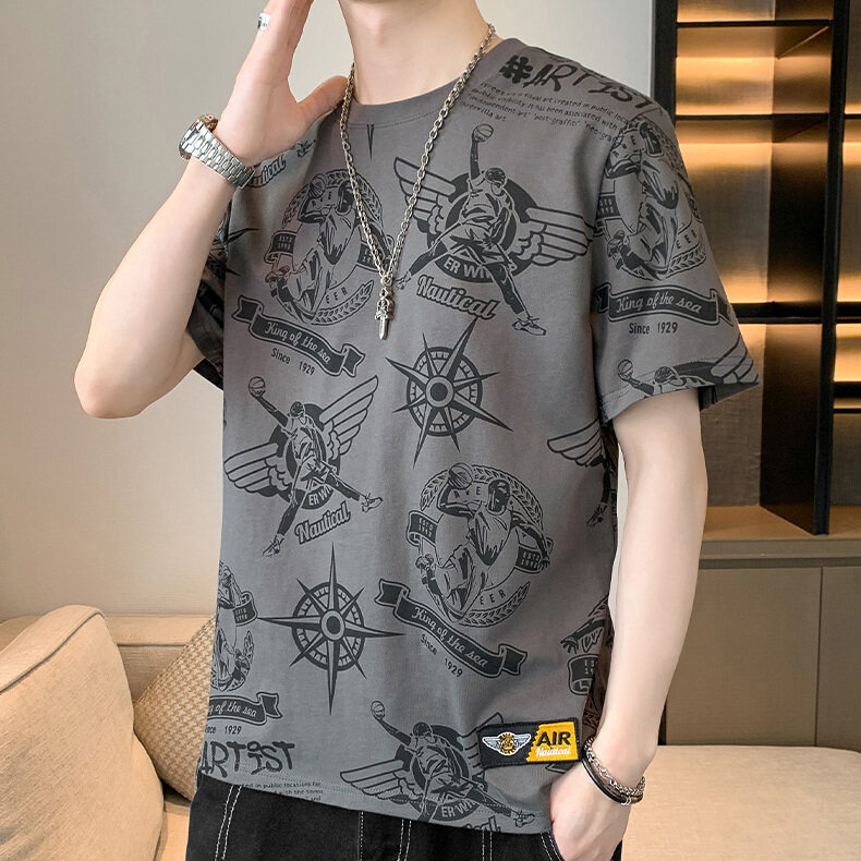 2025 Summer New Trend Men's O-Neck Short Sleeve Cotton T-Shirt Plus Size Casual Loose Fit Solid Pattern Print Knitted 220 Grams - Image 3