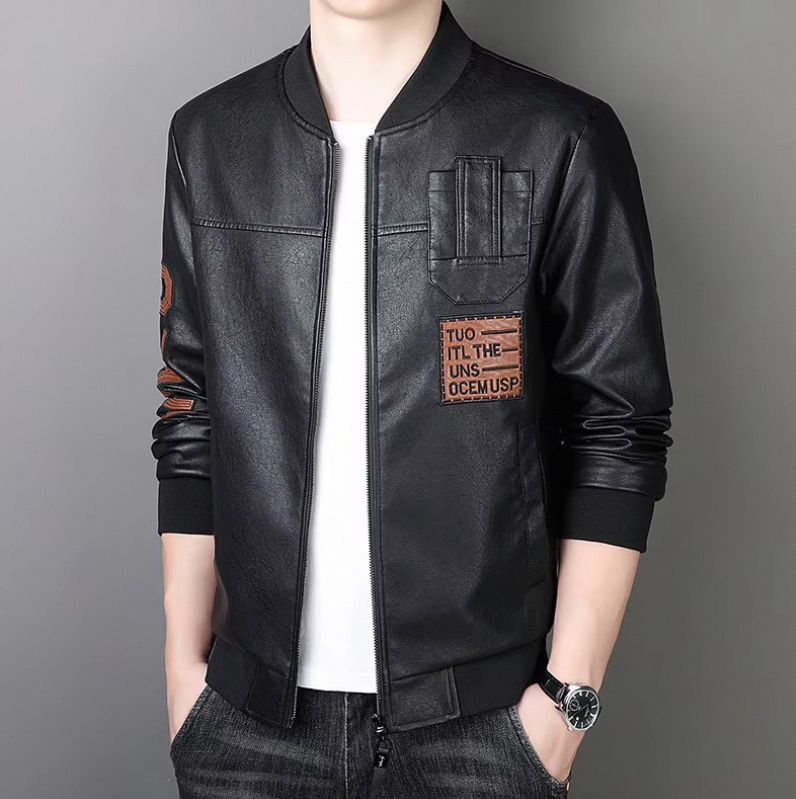 Layenne Plus Size Men's PU Leather Jacket with Stand Collar Windproof Feature OEM Varsity Style Fleece Lining - Image 6