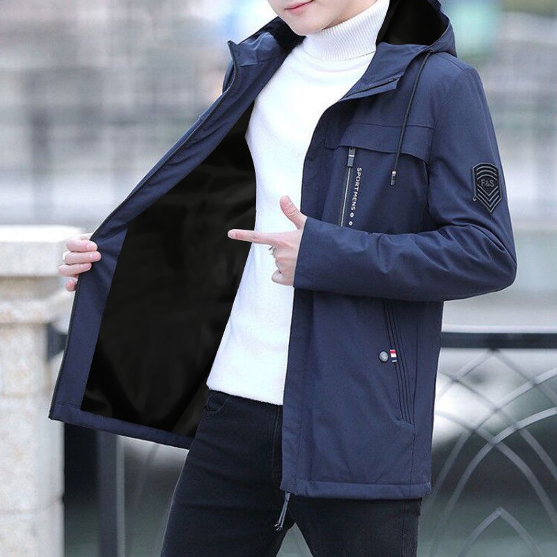 Blue Hooded Lapel Jacket for Youth Winter Motorcycle Zipper Closure with Side Seam Pocket Thickened Spring Fall Use Men's Jacket - Image 2