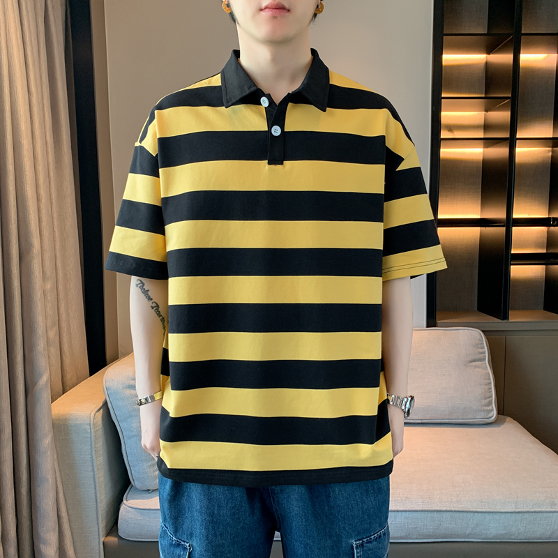 Binjie Men's Summer Casual Cotton for Polo Shirt American Style Short-Sleeved Striped Loose Fit Lapel Embroidered Knitted Fabric - Image 4