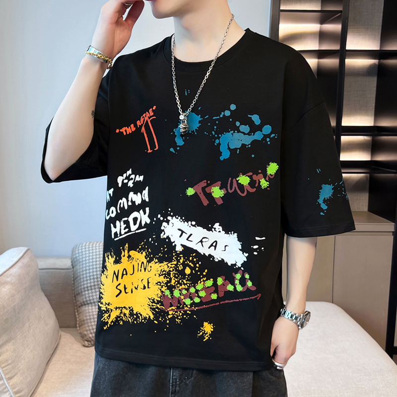 2024 Trendy Casual Student T-Shirt Loose Fit with Five-Quarter Sleeve Short Half Sleeve-180g Knitted Fabric Silk Screen Printing - Image 2