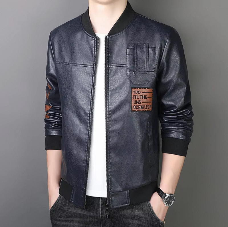 Layenne Plus Size Men's PU Leather Jacket with Stand Collar Windproof Feature OEM Varsity Style Fleece Lining - Image 2