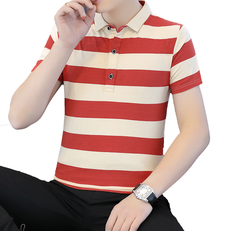 Men's Summer New Cotton Half-Sleeved for Polo T-Shirt Geometric Pattern Wide Stripe Lapel Short-Sleeved for Middle-Aged Youth - Image 5