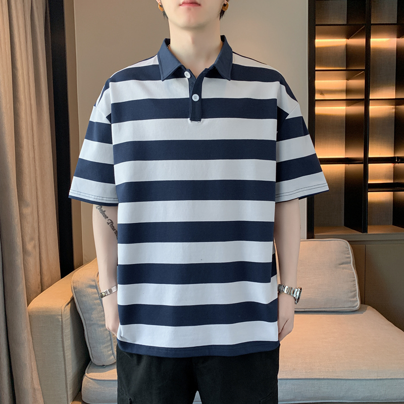 Binjie Men's Summer Casual Cotton for Polo Shirt American Style Short-Sleeved Striped Loose Fit Lapel Embroidered Knitted Fabric - Image 5