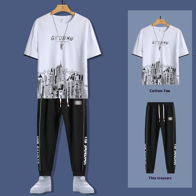 2025 Summer New Fashion Men's T-shirt Sets Young Cotton Casual O-Neck Short Sleeves 220 Grams Knitted Fabric Printed Loose Fit - Image 4