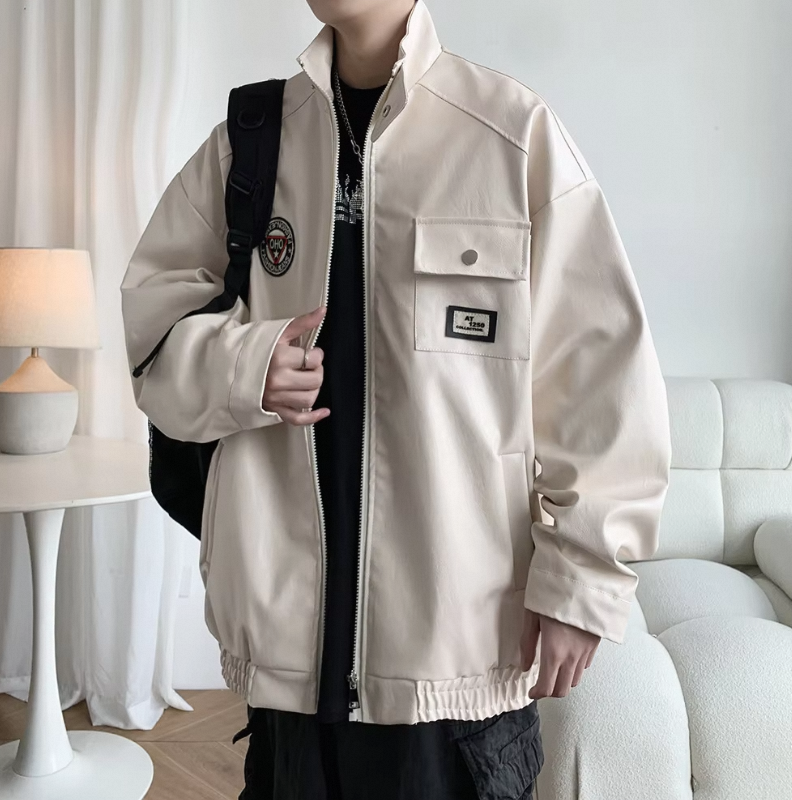 Wholesale New Products Men's Retro Embroidery Logo Leather Bomber Jacket Casual Leather Bomber Baseball Jacket for Men - Image 4