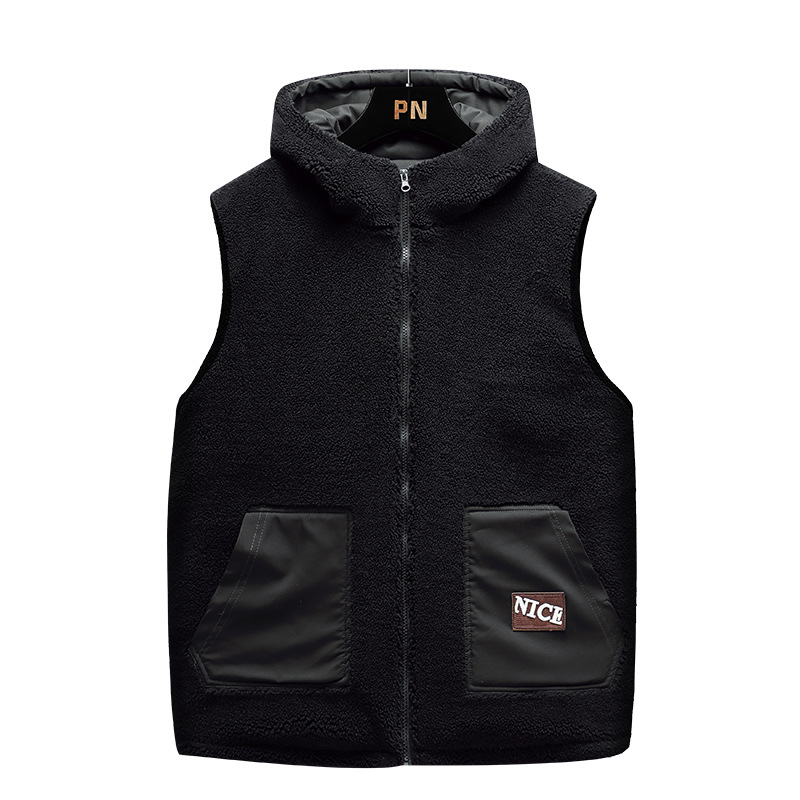 Autumn Winter Men's Casual Fashionable Vest Plus Size Two-Sided Wearing Lambskin Hooded Thermal Jacket Zipper Mandarin Logo - Image 5