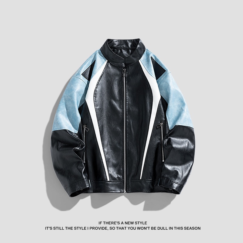 Autumn Young Student PU Leather Racing Suit Jacket XL Size Thin Front Logo Patchwork Rabbit Color Lapel Bike Zipper Stand Collar - Image 3