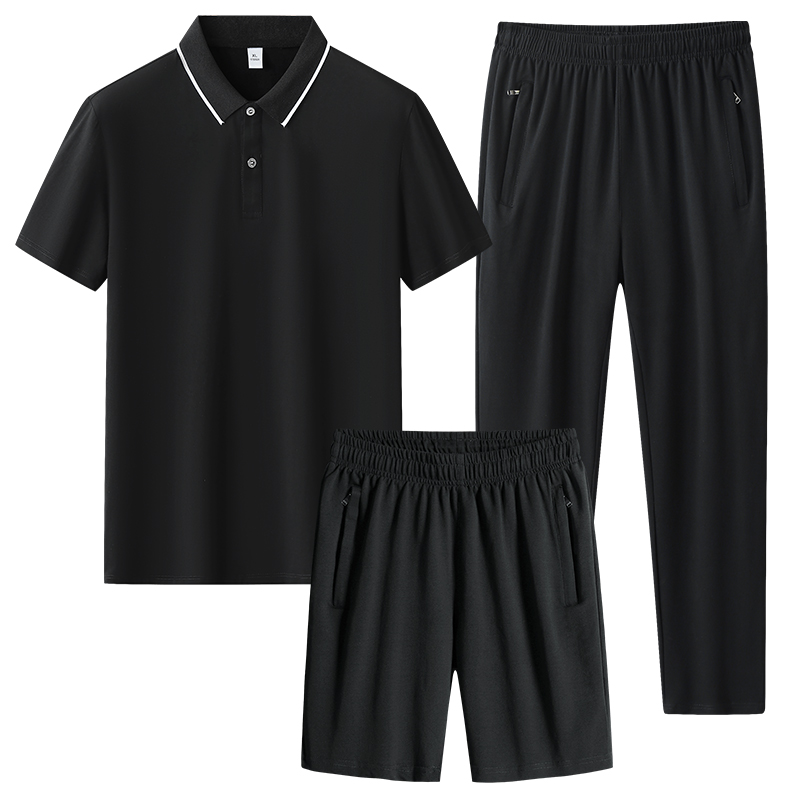 Unisex Men's Summer Three-Piece Sports Set Breathable Cotton Polo Shirt Short-Sleeved Lapel Jacket T-Shirt-Plus Size Middle-Aged - Image 2
