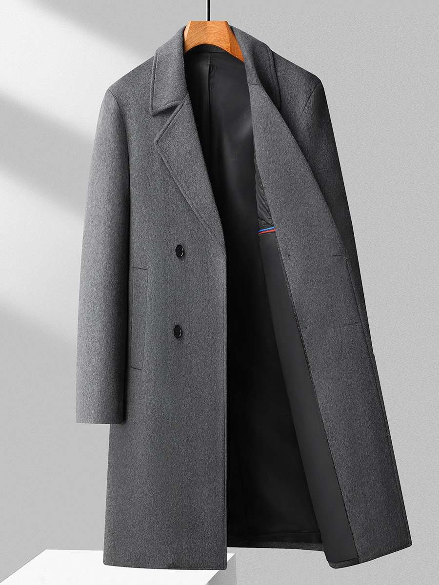 Autumn Winter Men's Double-Breasted Overcoat Korean Slim-Fit Woolen Windbreaker Long Knee-Length Plus Size Cotton-Filled Coat - Image 3