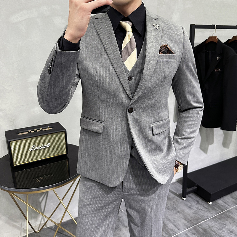2024 Spring Autumn Men's Three-Piece Striped Suit Slim-Fit Business Style Jacket Single Breasted Zipper Fly Light Mature Adults - Image 6