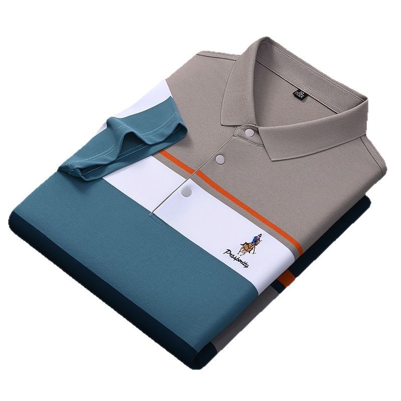 High Quality Young Men's Half-Sleeve Velour T-Shirt Striped Collar Embroidered Anti-Pilling Anti-Wrinkle Compressed Solid - Image 5