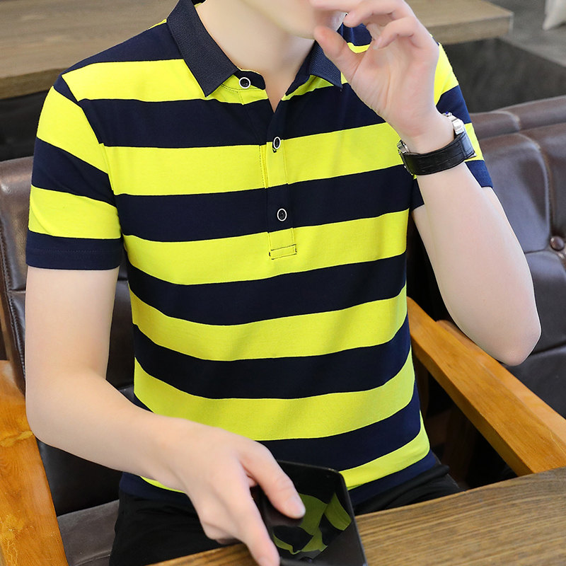 Men's Summer New Cotton Half-Sleeved for Polo T-Shirt Geometric Pattern Wide Stripe Lapel Short-Sleeved for Middle-Aged Youth - Image 2