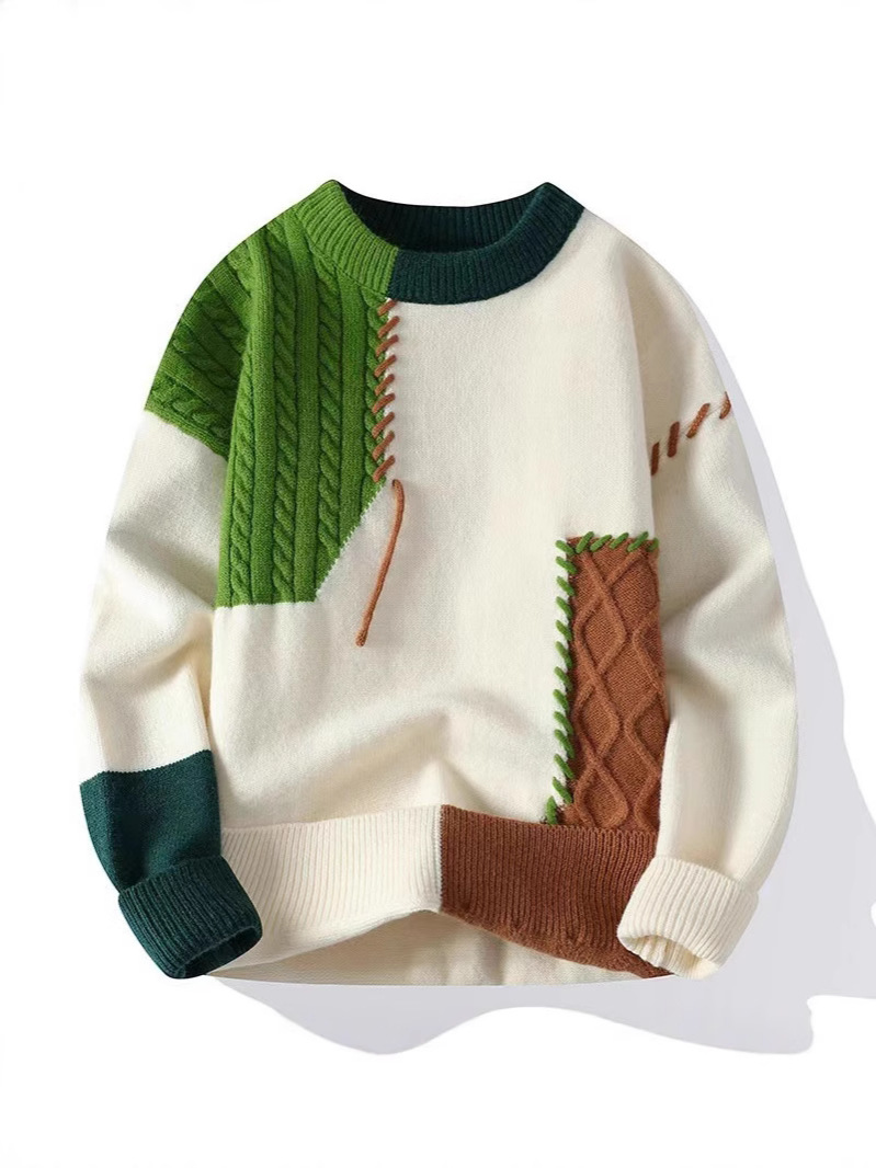 ODM Supply Men's Casual Crew Neck Pullovers Korean Streetwear Fashion Design with Warm Patchwork for Autumn & Winter - Image 5