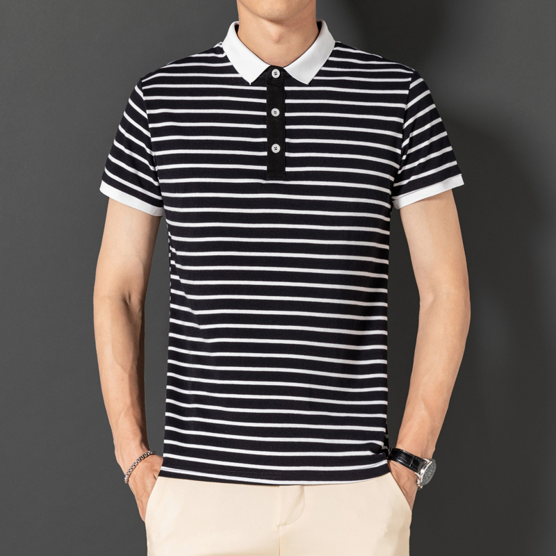 Men's Fashionable Summer Yarn-Dyed Striped for Polo Shirt Pure Cotton Knitted T-Shirt Long Short Sleeves Lapel Top Blank Design - Image 2
