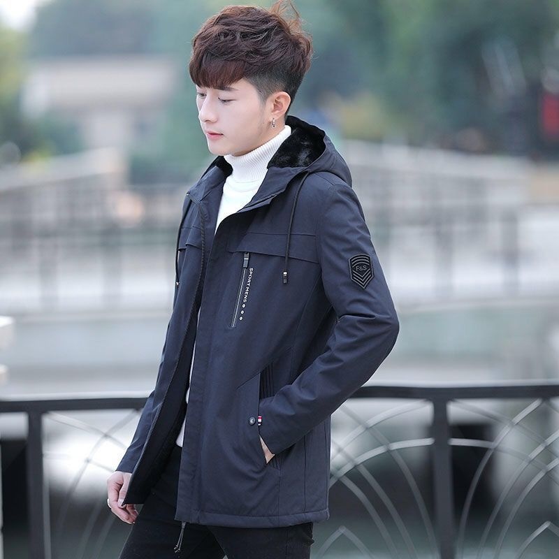 Blue Hooded Lapel Jacket for Youth Winter Motorcycle Zipper Closure with Side Seam Pocket Thickened Spring Fall Use Men's Jacket - Image 4