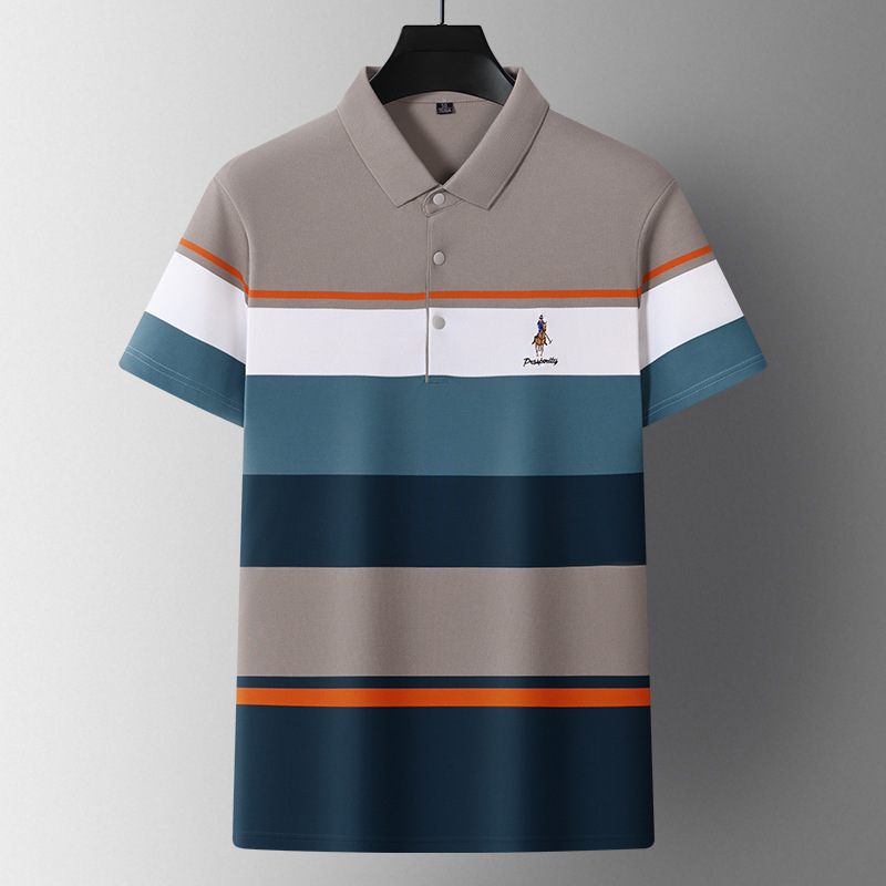 High Quality Young Men's Half-Sleeve Velour T-Shirt Striped Collar Embroidered Anti-Pilling Anti-Wrinkle Compressed Solid - Image 6