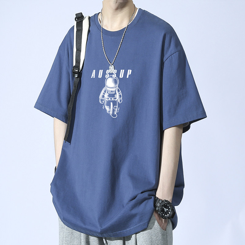 Men's Summer Fashion Casual T-Shirt Brand-Printed Astronaut Short-Sleeved Loose Fit 100% Pure Cotton American Style Solid - Image 3