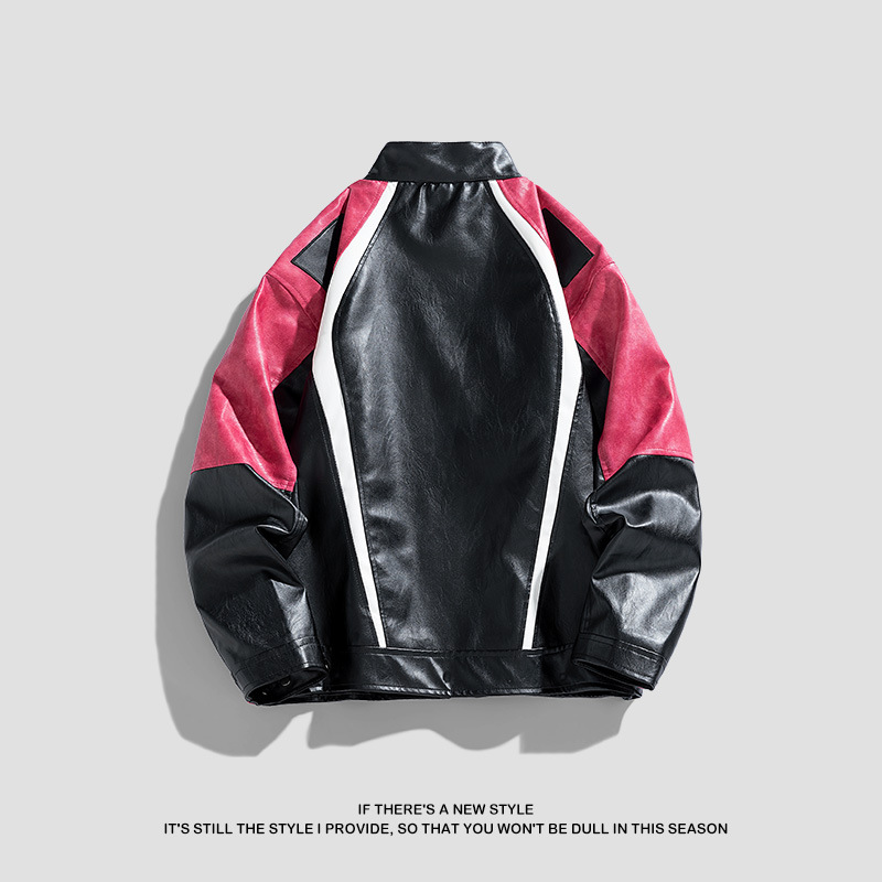 Autumn Young Student PU Leather Racing Suit Jacket XL Size Thin Front Logo Patchwork Rabbit Color Lapel Bike Zipper Stand Collar - Image 2