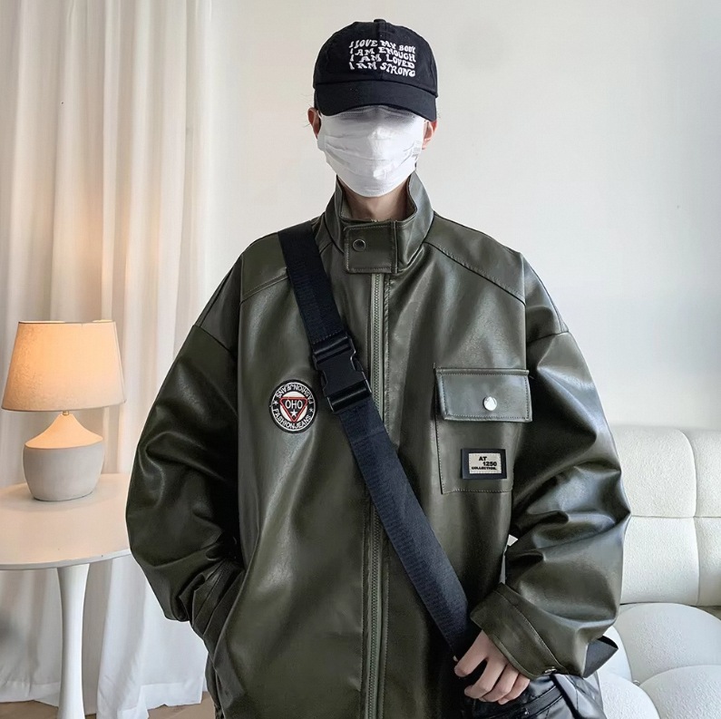 Wholesale New Products Men's Retro Embroidery Logo Leather Bomber Jacket Casual Leather Bomber Baseball Jacket for Men - Image 3