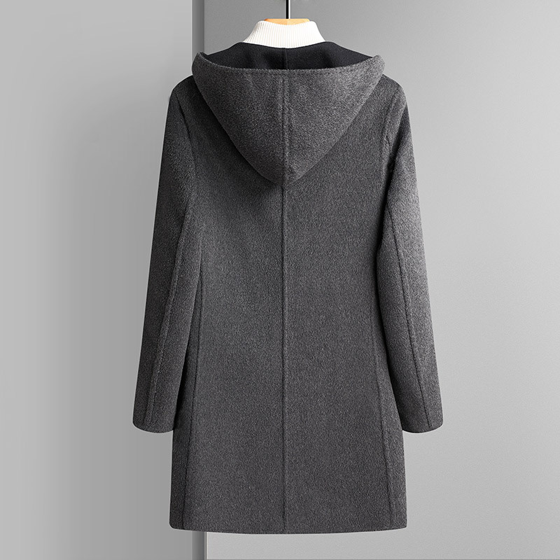 2023 Men's Casual Mid-Length Wool Coat Handmade Double-Sided with Large Pocket and Hood Filled with Cotton - Image 4