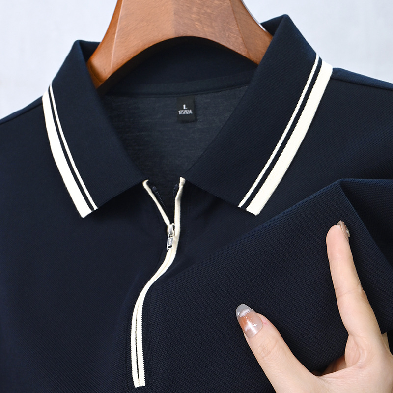 Hot-Selling Men's Ice Silk for Polo Shirt XL Plus Size Striped Knitted T-Shirt Breathable Collar Embroidery Light-Colored Print - Image 5