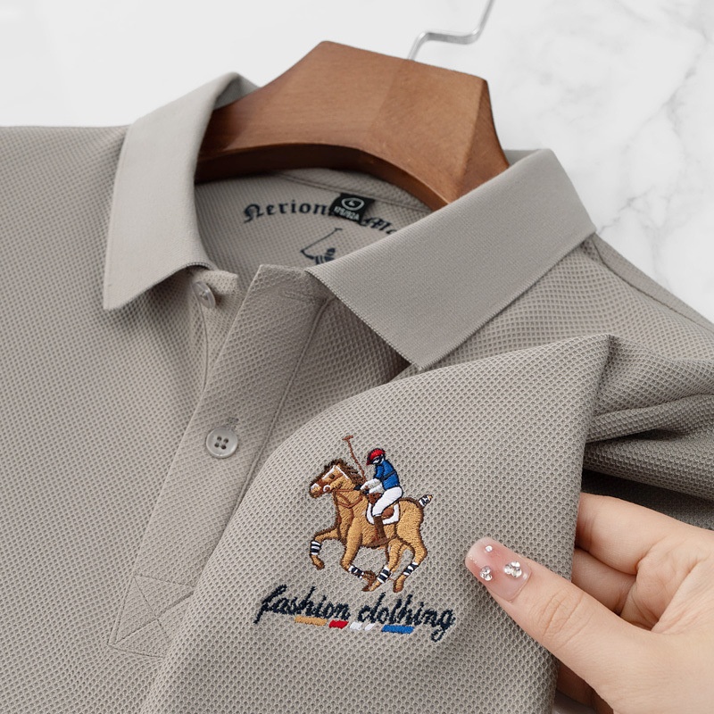 Men's XL Cotton Short-Sleeved for Polo Shirt Breathable Woven Twill Fabric Solid Embroidered Button-Painted Printed - Image 2